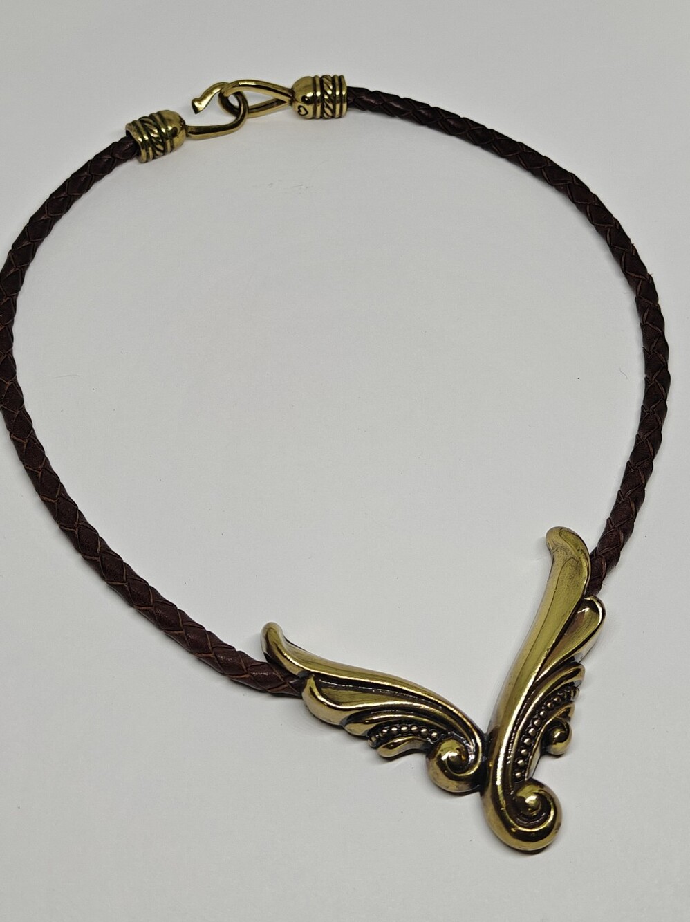 Vintage Brighton Braided Brown Leather Corded Angel Wings Choker Necklace
